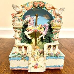 Vintage Somewhere in Time tune Horse Carousel Birds and Angel Music Box